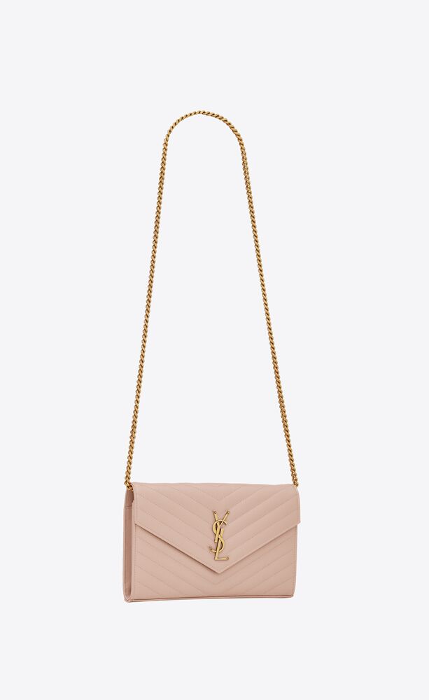 Yves Saint Laurent Monogram Card Case Grain Embossed Leather Pale Pink Gold  YSL 
