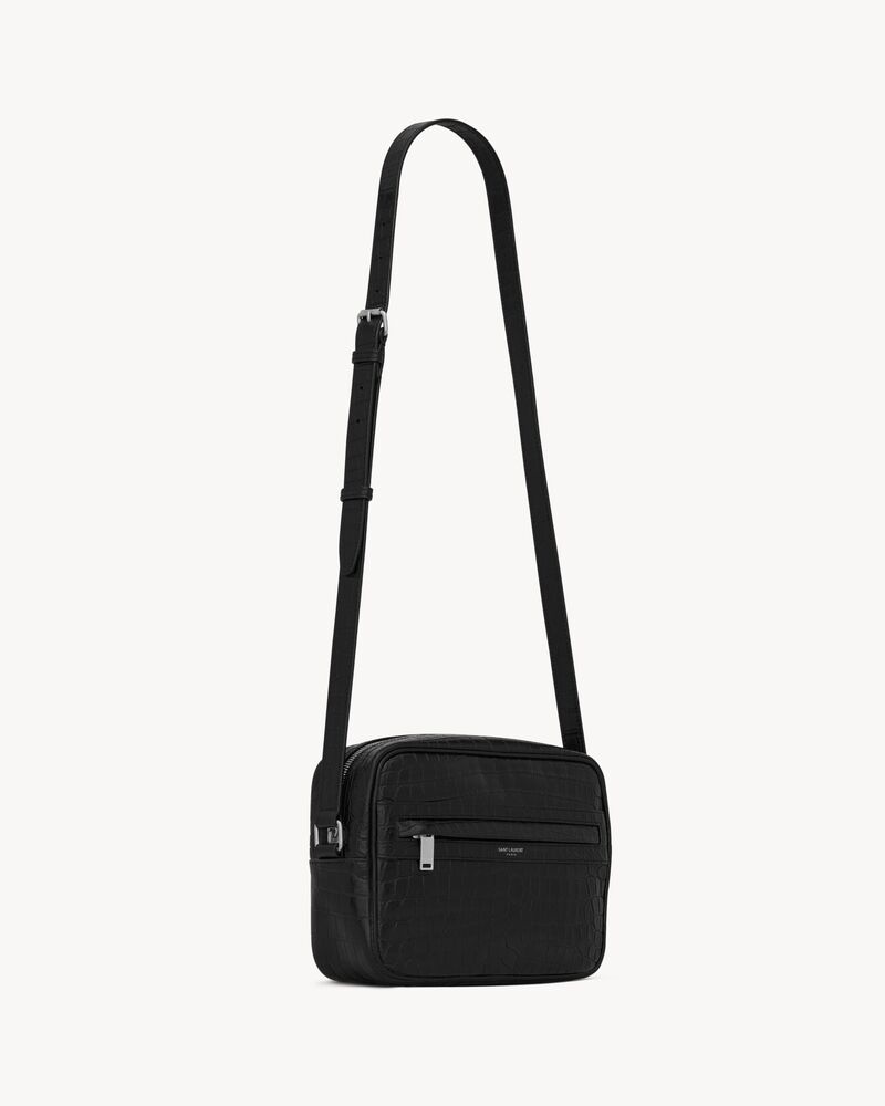 YSL Vinyle Round Camera Bag, crocodile embossed in black