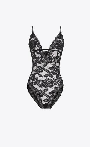 bodysuit with a low plunging neckline in black stretch floral lace