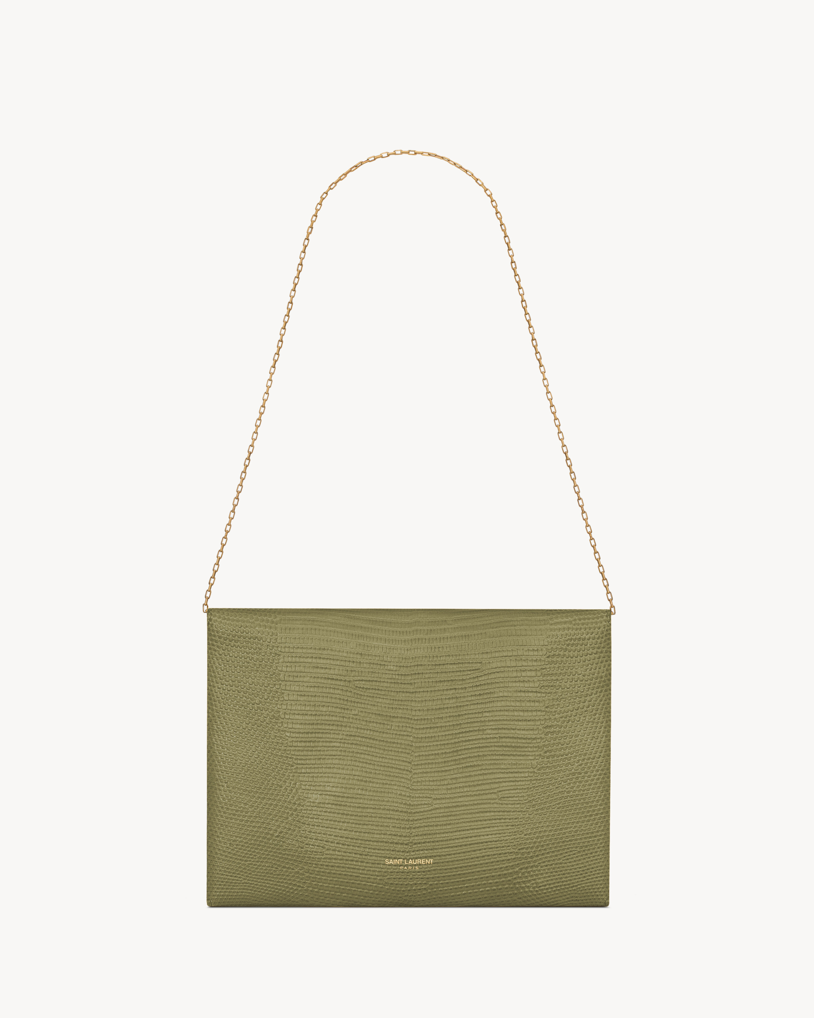 Pochette tipo sobre con cadena de piel de lagarto brillante