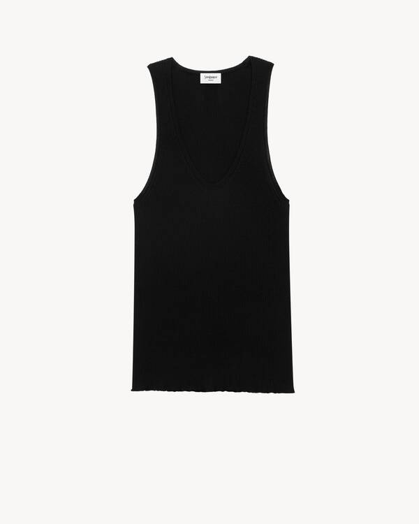 Saint Laurent Ribbed Knit Tank Top with Lace Detail | Neiman