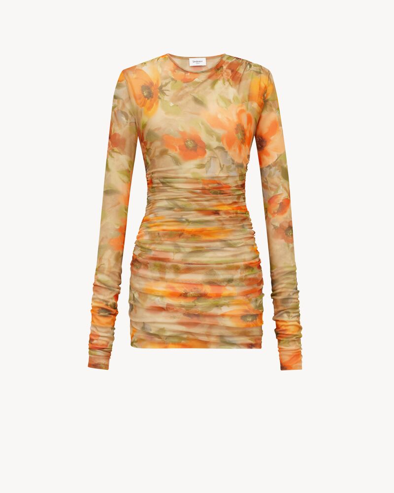 ruched mini dress in floral tulle jersey
