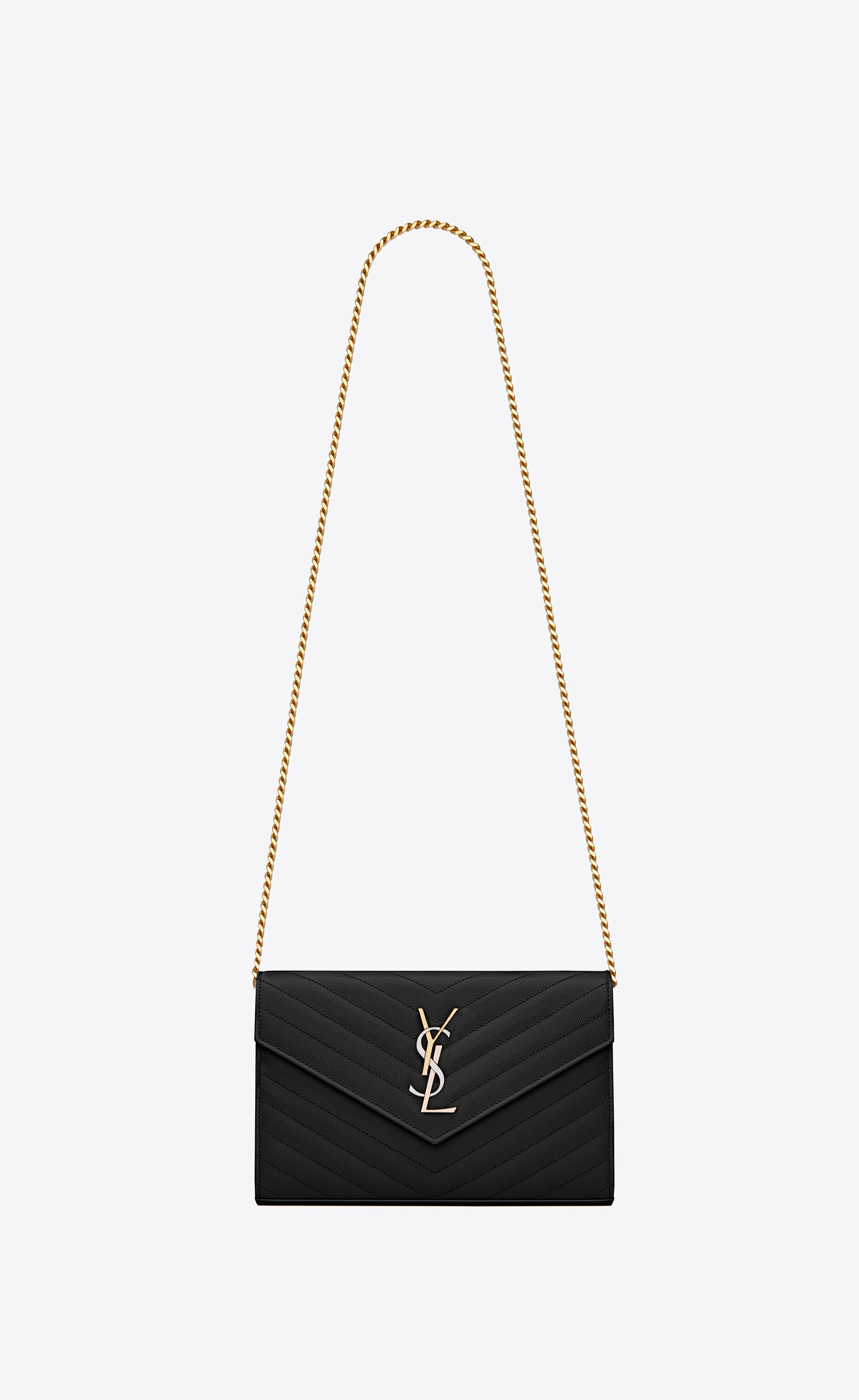 monogram saint laurent chain wallet in black grain de poudre textured matelassé leather