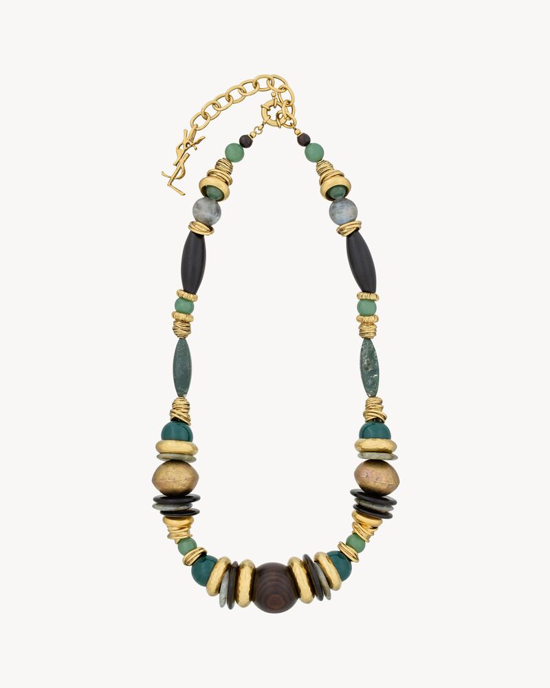Collier oversize en pierres, bois, résine et métal