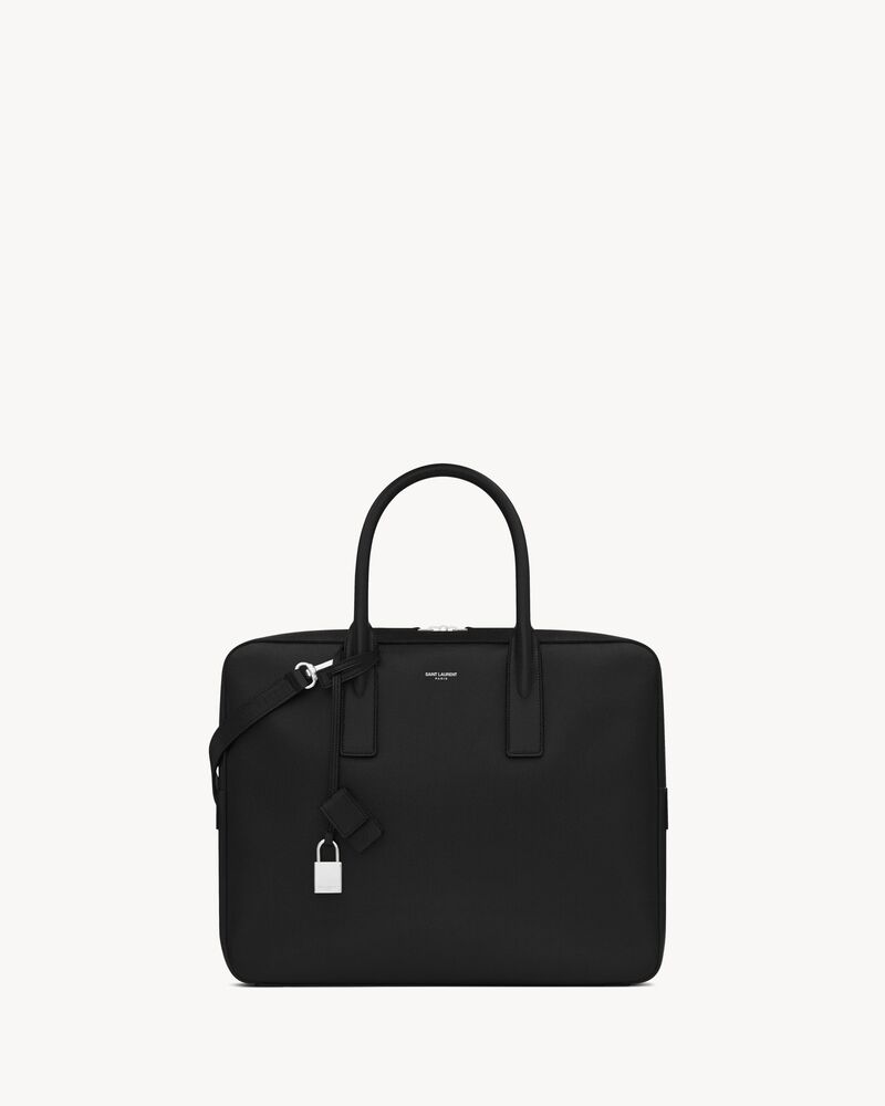 museum small flat briefcase in black textured leather