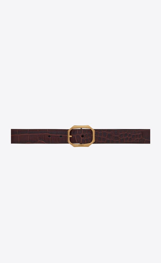 frame buckle belt in leather embossed with a large crocodile print