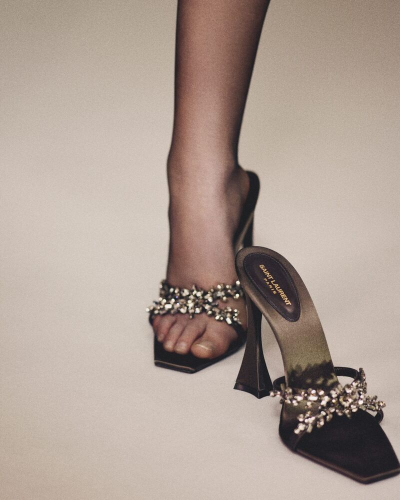 LIZ mules in satin crepe and rhinestones