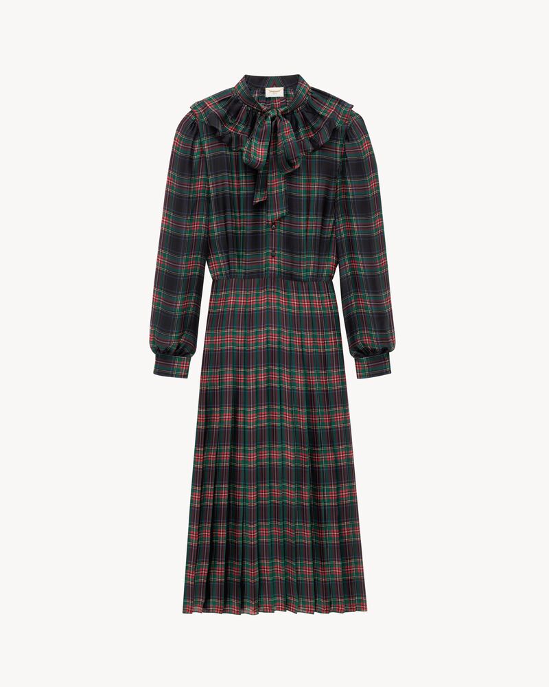 pleated dress in tartan silk charmeuse