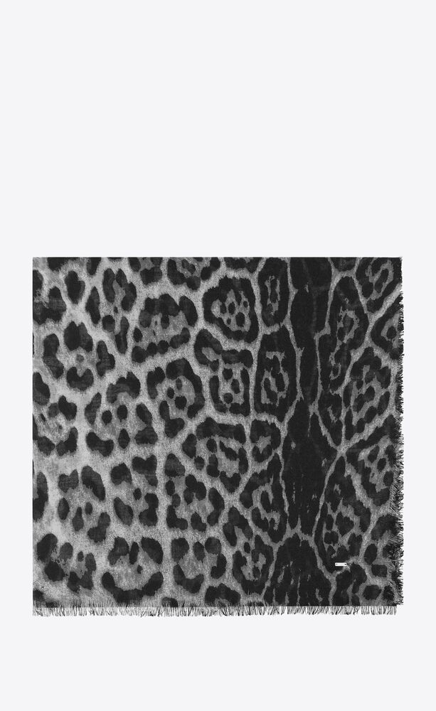 large square leopard scarf in grey and black cashmere etamine