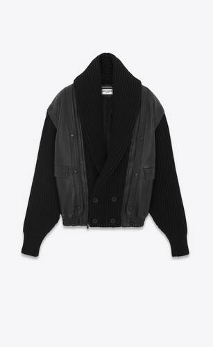 shawl-neck jacket in lambskin and ribbed wool