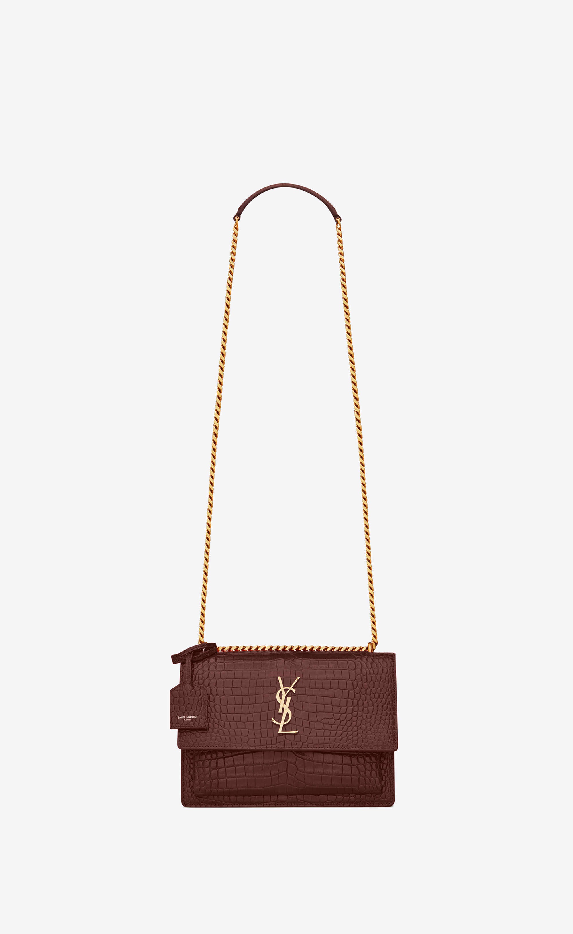 Saint Laurent Medium Sunset Chain Bag In Crocodile Embossed Leather  Red/Silver
