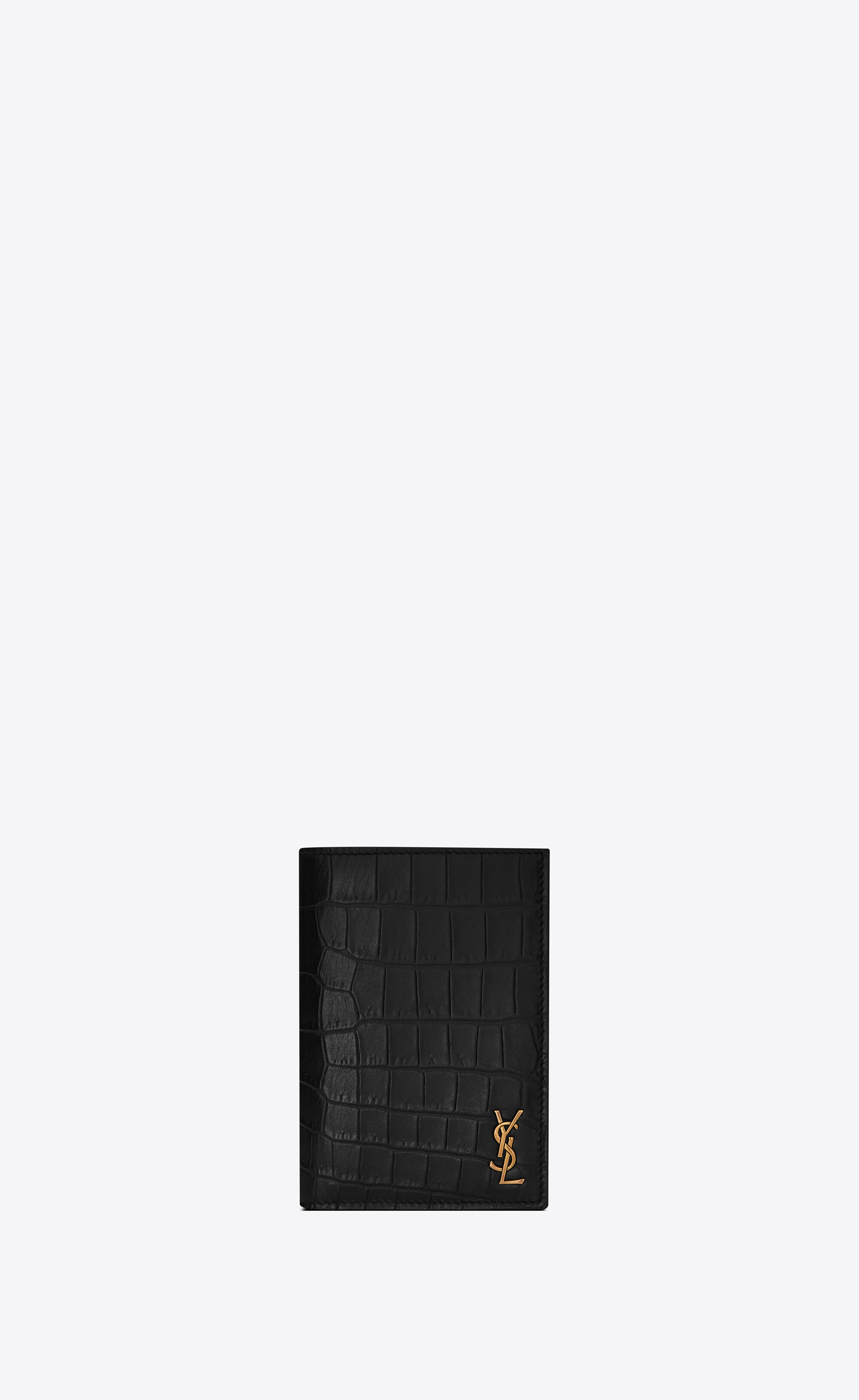Saint Laurent YSL Monogram Croc-Embossed Leather Card Case, Black