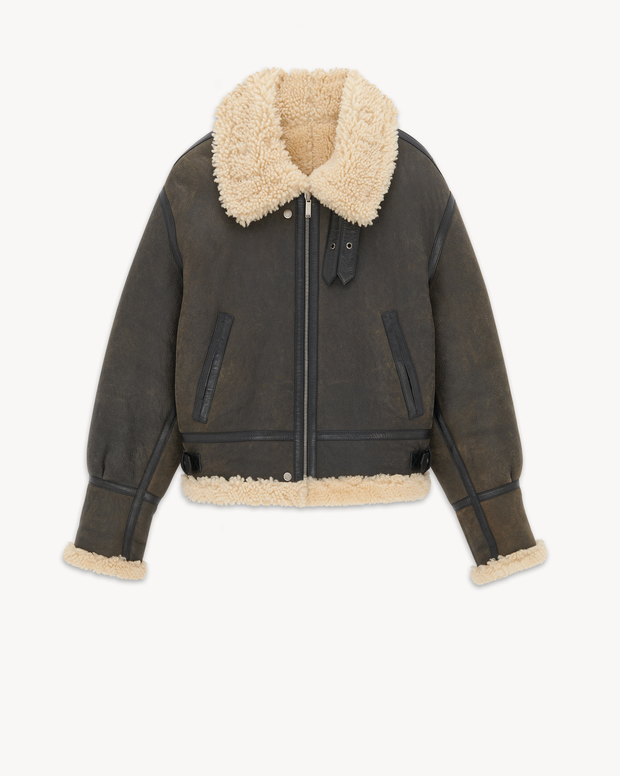 aviator jacket in aged leather and shearling