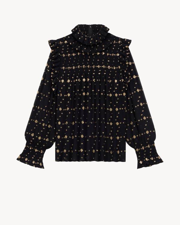 Blusa a balze in jacquard di crêpe di seta lurex