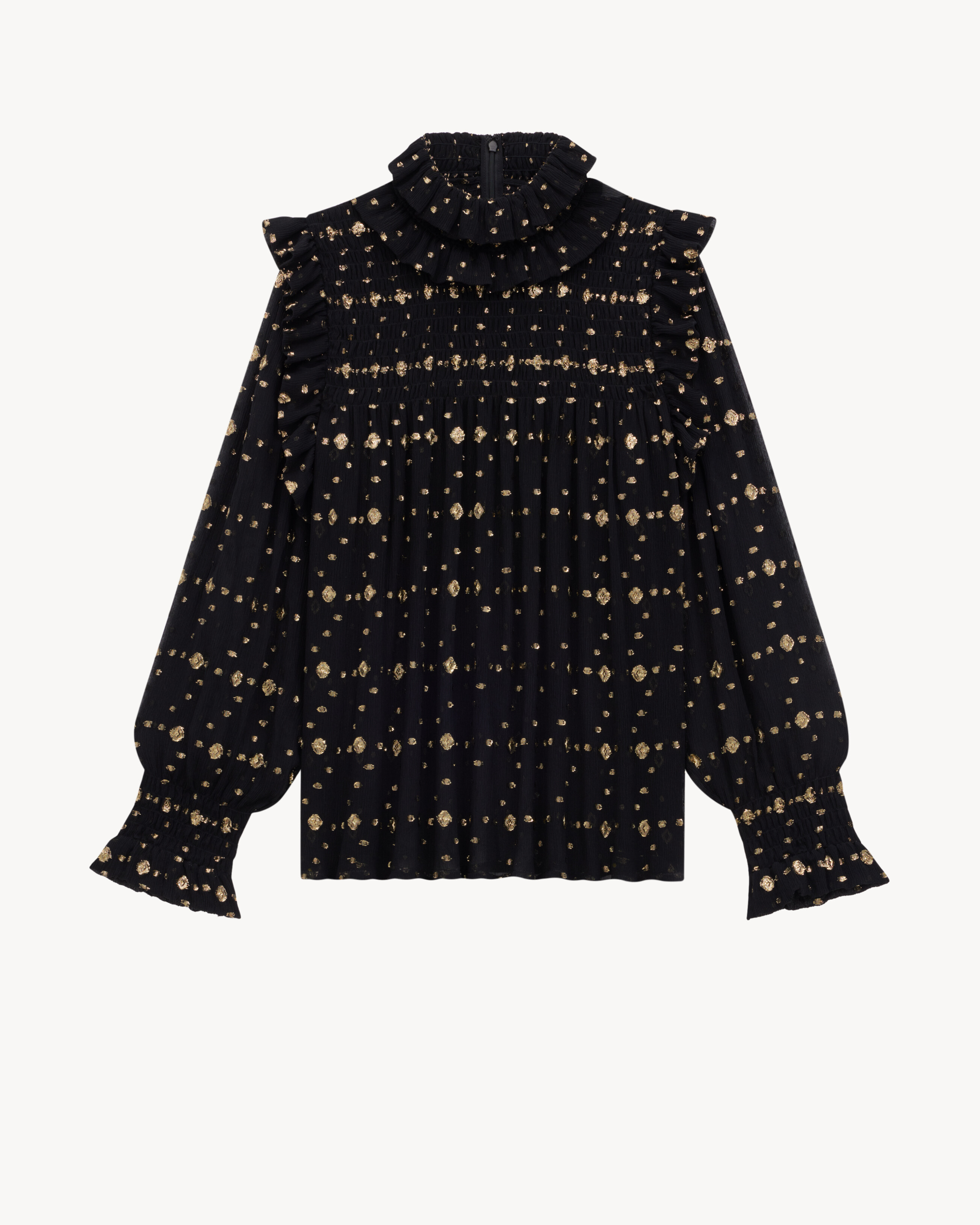 Blusa con volantes de jacquard de crespón de seda de lúrex