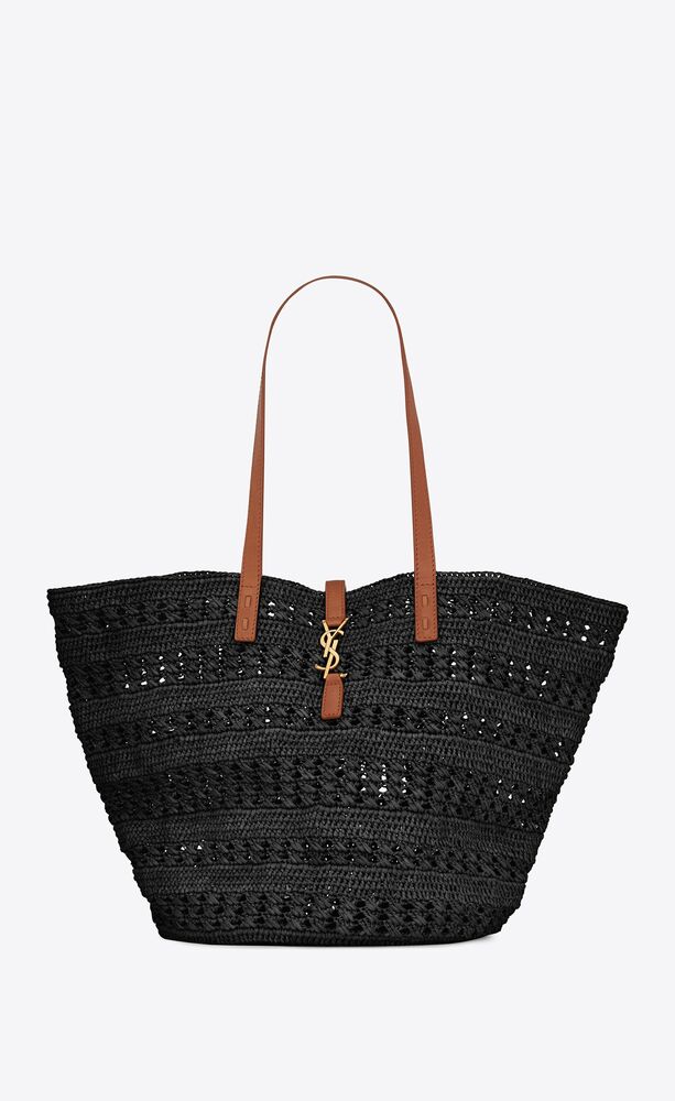 panier medium bag in crochet raffia and smooth leather 