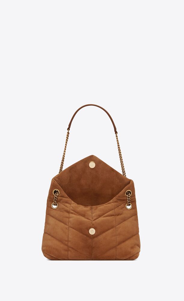 Saint Laurent Loulou Puffer Small Quilted Suede Shoulder Bag in Brown